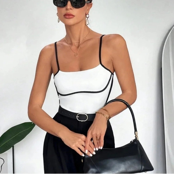Black and White Preppy Women's Contrast Trim Cami Top - Picture 1 of 5